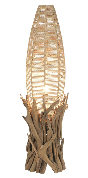 zoom sur lampadaire en teck et fibres naturelles