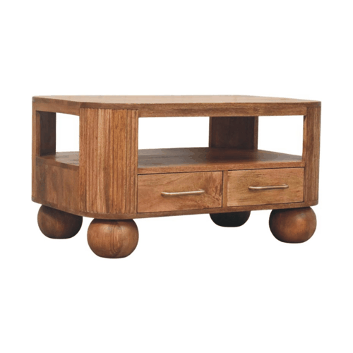 table basse en bois de manguier avec tiroirs vue côté