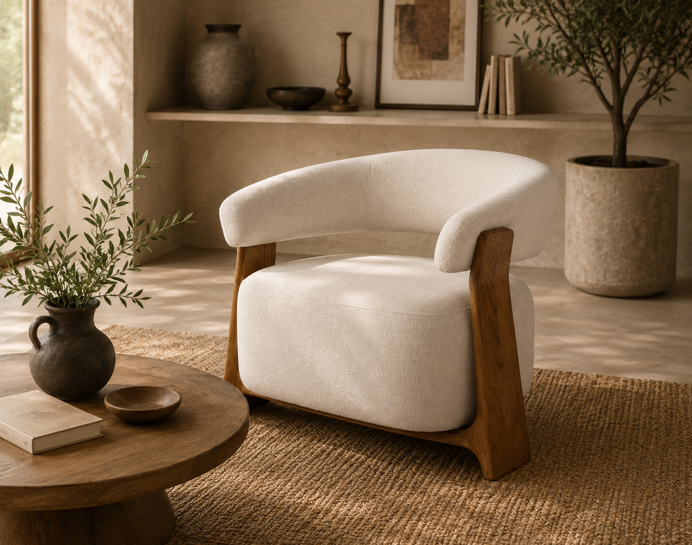 Fauteuil en orme massif & tissu bouclette écru dans un salon chic nature