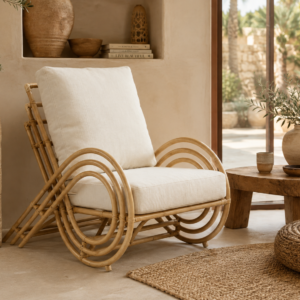fauteuil bambou et polyester écru dans une ambiance naturelle