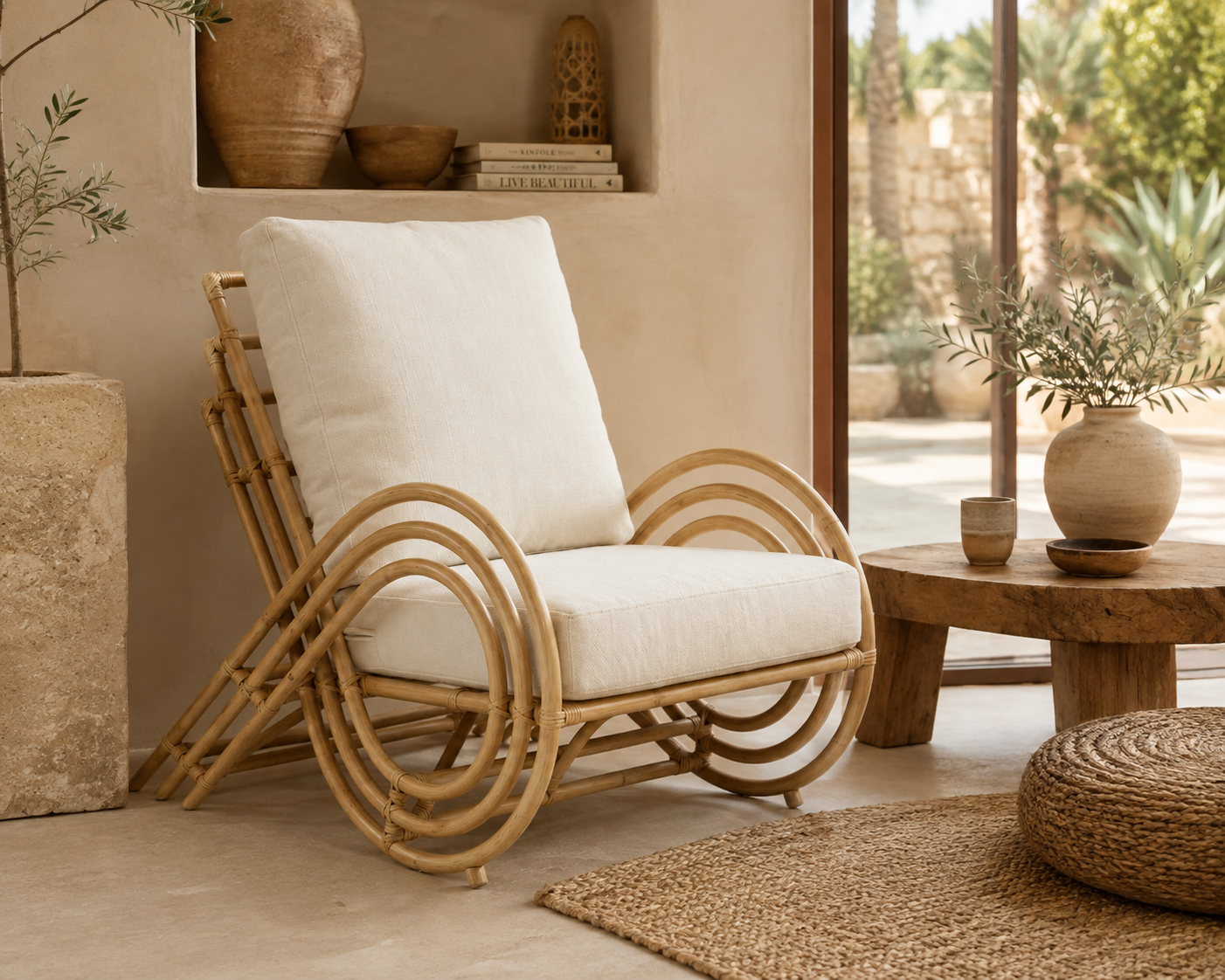 fauteuil bambou et polyester écru dans une ambiance naturelle