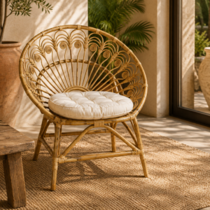 fauteuil rotin avec coussin en coton naturel dans un décor naturel