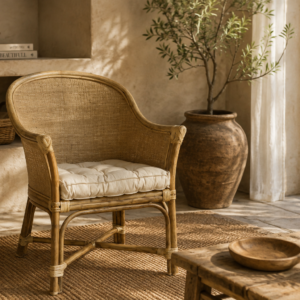 fauteuil rotin et coton marron avec coussin naturel dans décor bohème chic