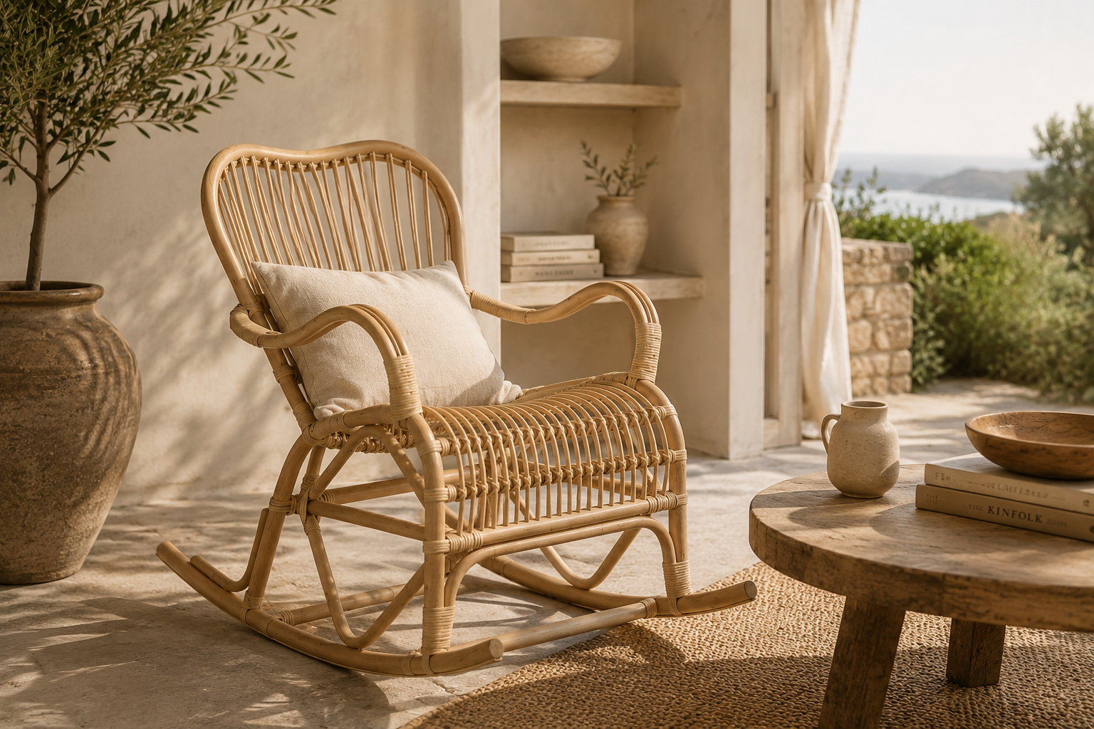 fauteuil à bascule en rotin naturel dans décor chic bohème
