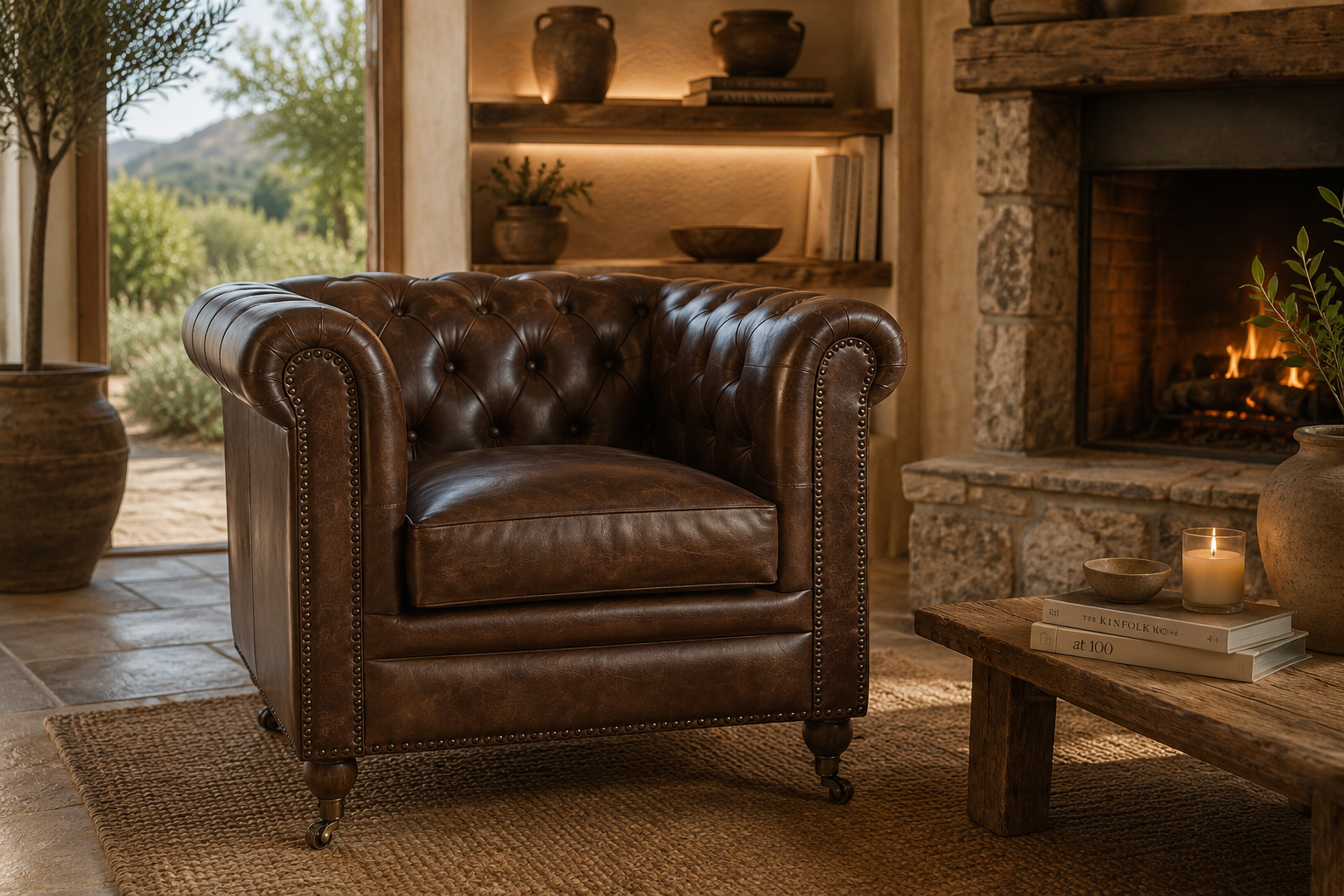 fauteuil en cuir marron chesterfiled