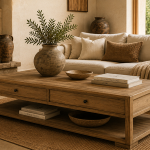table basse en orme massif avec tiroirs