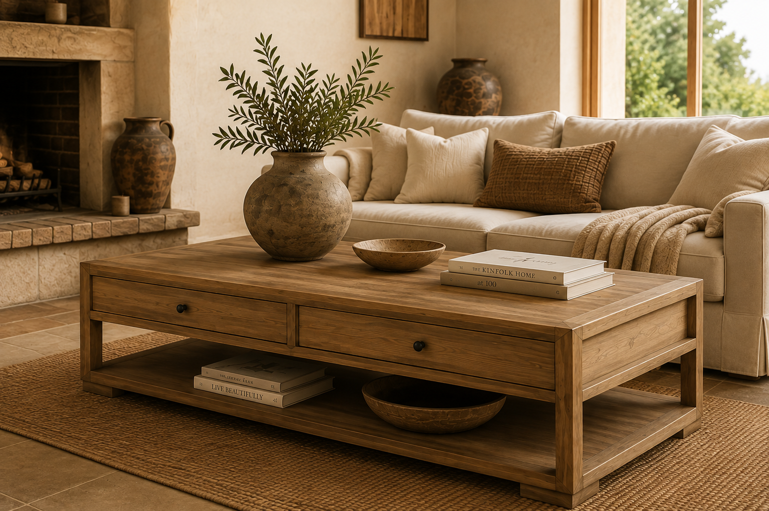 table basse en orme massif avec tiroirs