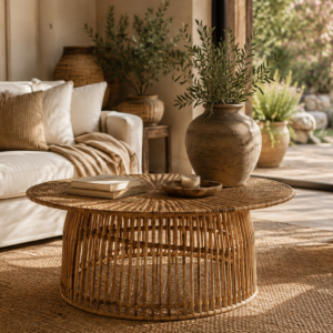table basse en rotin naturel dans salon chic nature