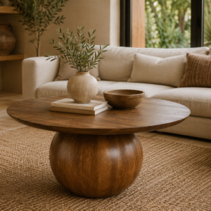 table basse ronde en acacia massif marron foncé dans décor chic nature
