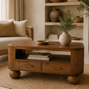 table basse en bois de manguier avec tiroirs dans dambiance chic nature