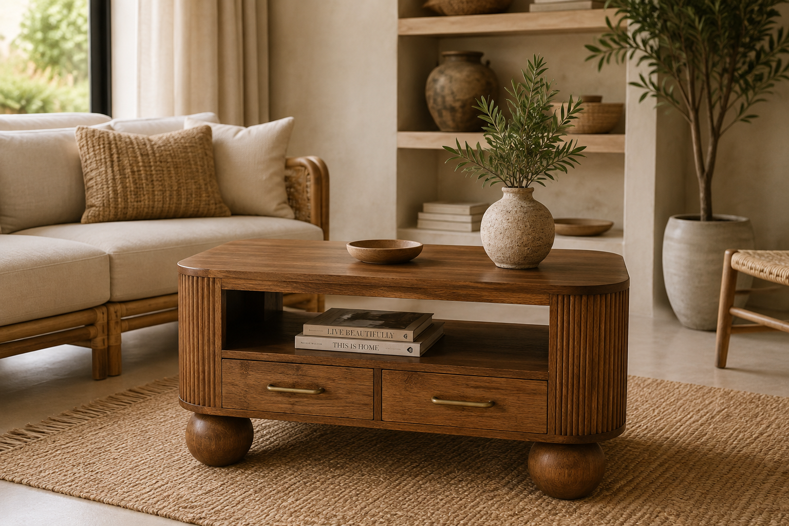 table basse en bois de manguier avec tiroirs dans dambiance chic nature