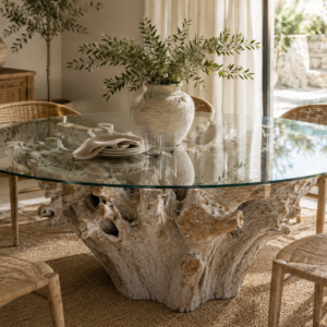 table à manger racine de teck et verre dans décor chic nature