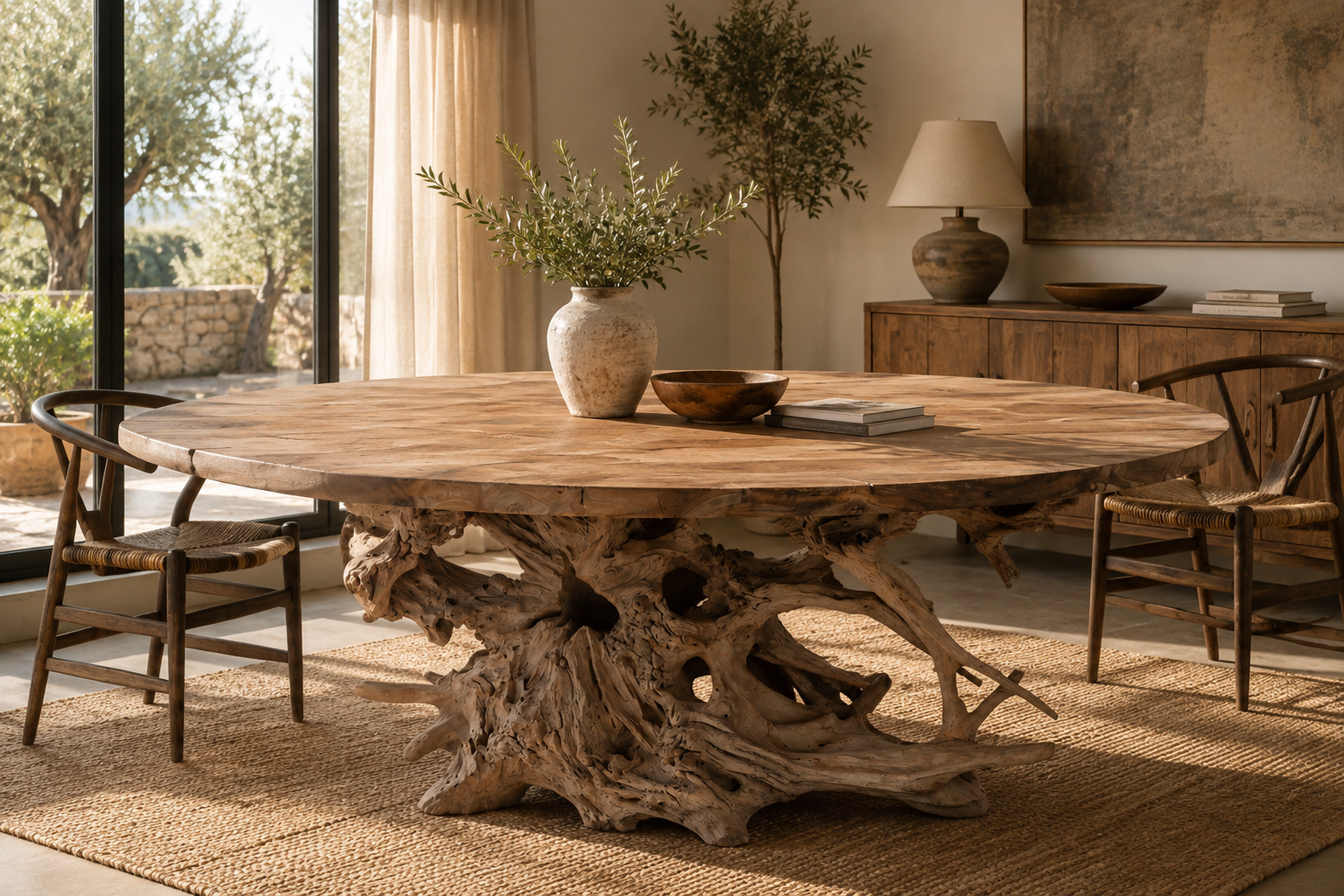 table à manger ovale en racine de teck dans ambiance nature chic