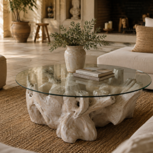 table basse en racine de teck blanchi et plateau verre dans ambiance nature chic