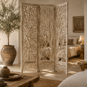 paravent en bois de manguier motif arbre sculpté décapage naturel dans décor chic bohème