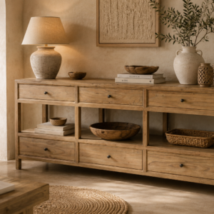 console en orme massif avec niches et tiroirs dans décor chic nature