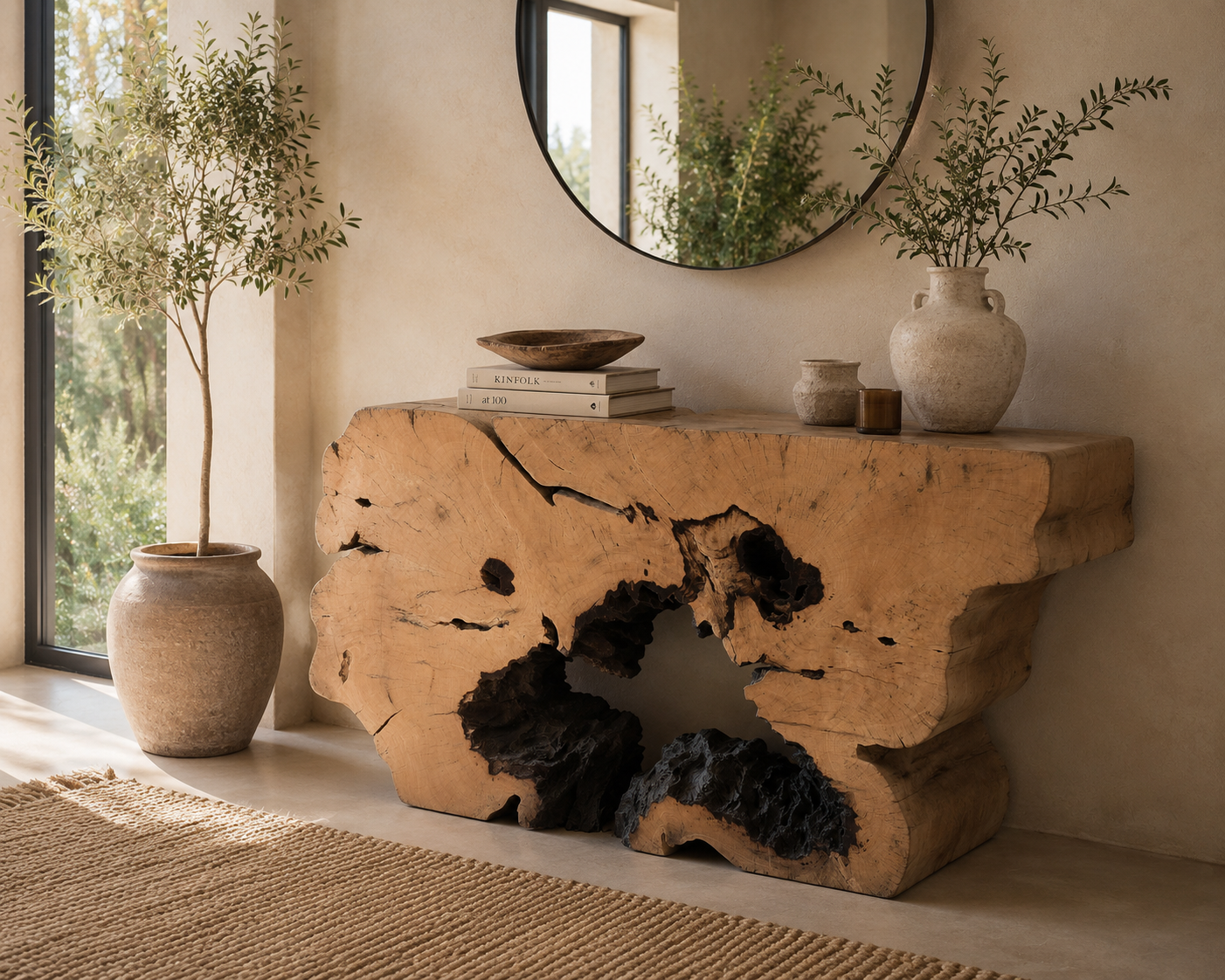 console en tamarin massif dans décor chic bohème