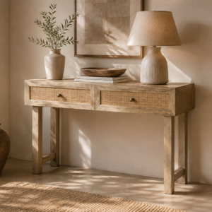 console avec tiroirs en rotin en manguier massif dans ambiance chic nature