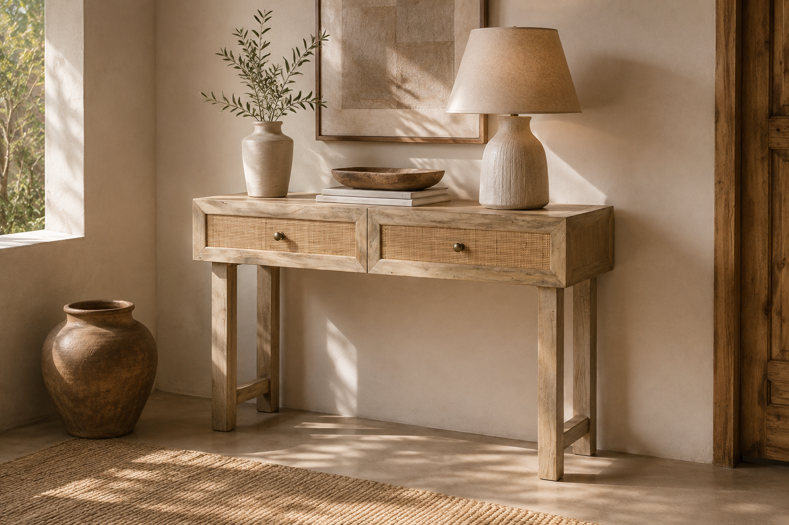 console avec tiroirs en rotin en manguier massif dans ambiance chic nature
