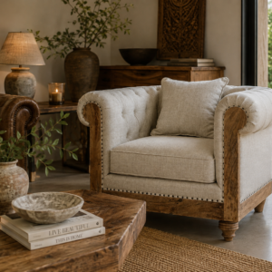 fauteuil en bois massif de manguier et coussin polyester