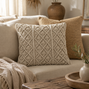 coussin en coton tissé style macramé écru dans ambiance nature chic bohème