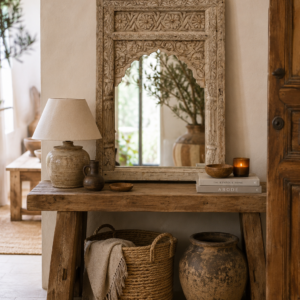 miroir teck massif ancien sculpté, pièce unique dans décor bohème chic