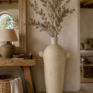 amphore en papier mâché artisanal fait main dans ambiance nature chic