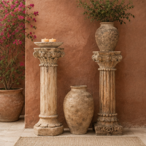 2 colonnes architecturales en bois sculpté artisanal