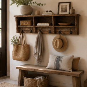 porte-manteau mural en bois massif de manguier dans décor bohème