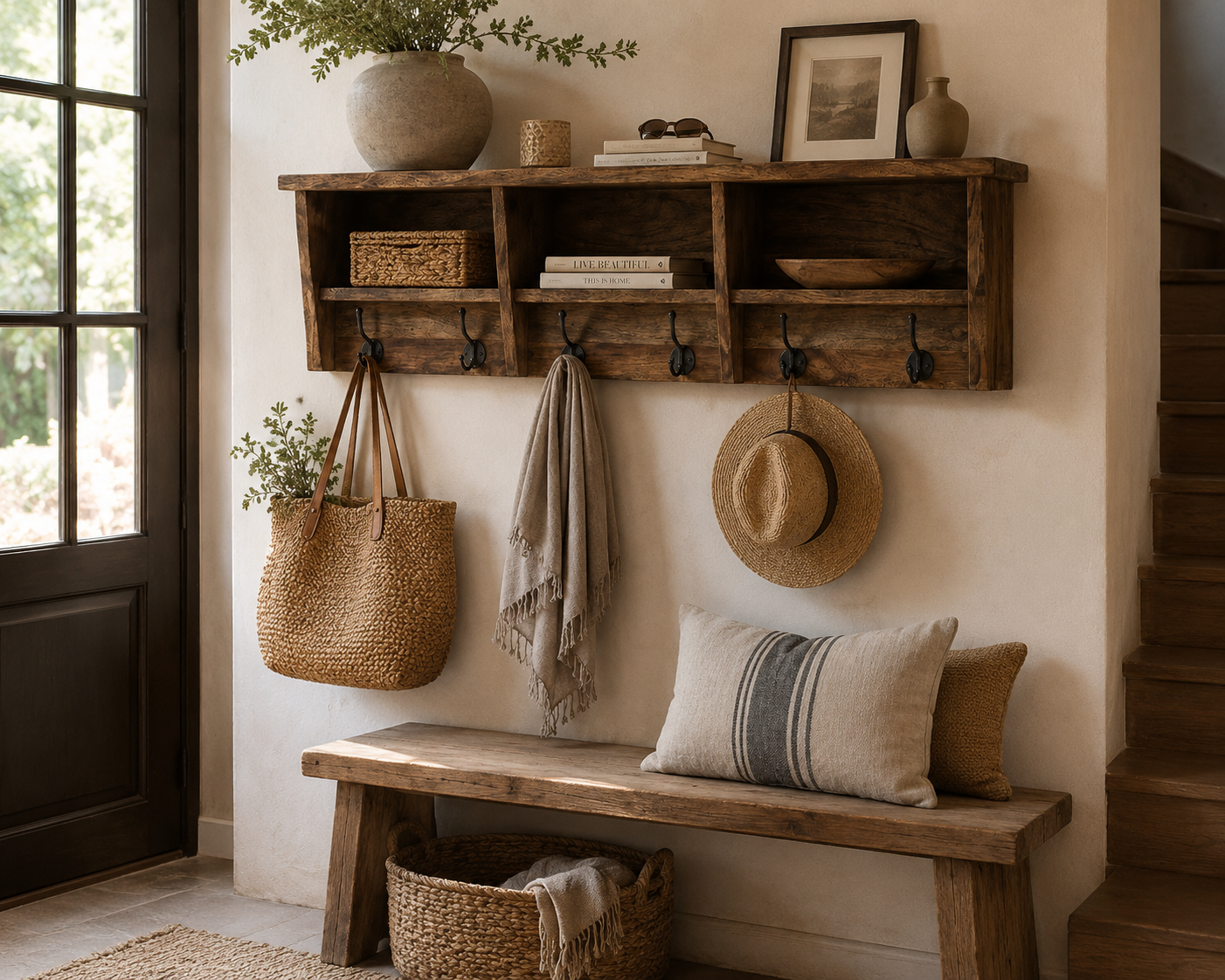 porte-manteau mural en bois massif de manguier dans décor bohème