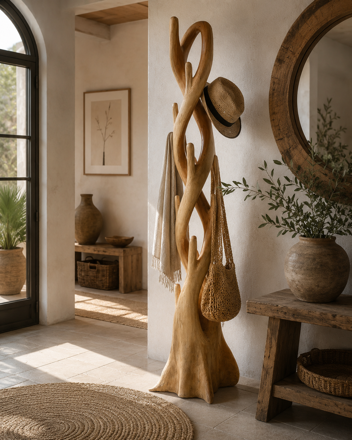 porte-manteaux en bois massif de suar sculpté main, artisanal dans ambiance chic nature