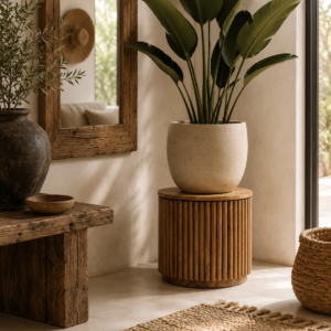 support pot de fleurs en teck dans décor chic nature