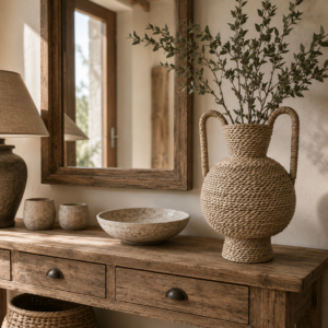 vase en seagrass et rotin tressé naturel avec anses dans ambiance chic nature
