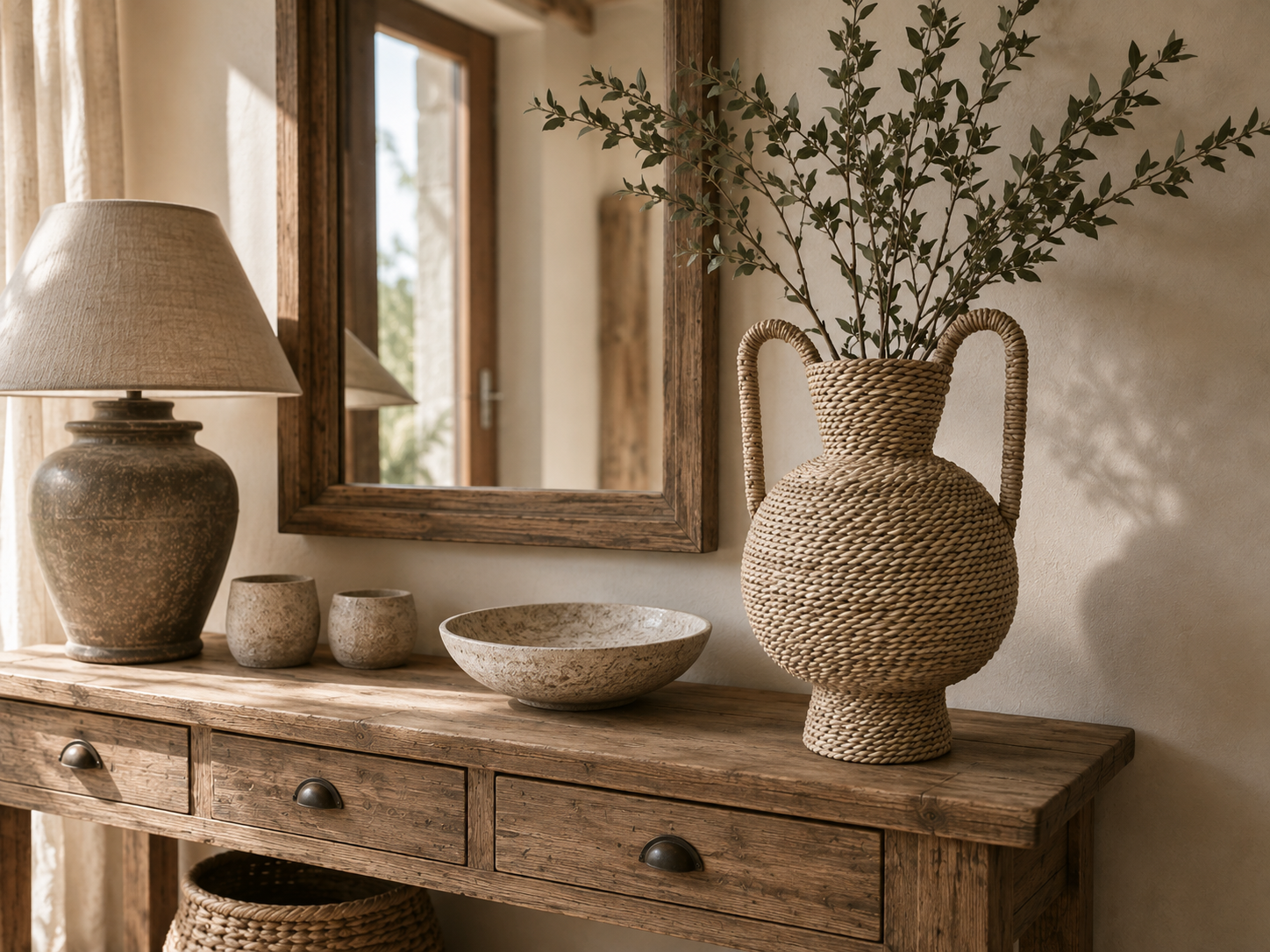 vase en seagrass et rotin tressé naturel avec anses dans ambiance chic nature