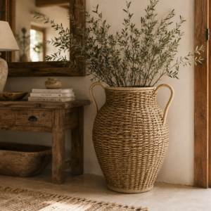 vase en seagrass et rotin tressé naturel avec anses dans ambiance chic nature