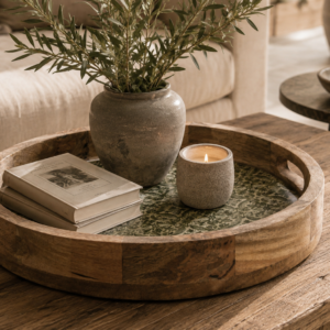 plateau rond en bois de manguier et fond laqué vert avec poignées dans ambiance nature chic