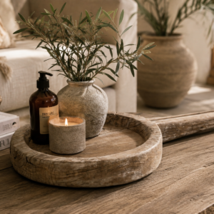 plateau décoratif en bois massif naturel fabrication artisanale dans ambiance bohème nature