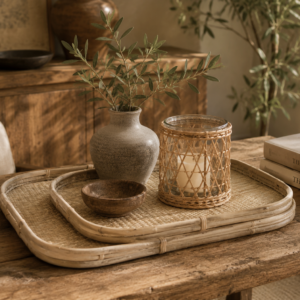 set de 2 plateaux décoratifs en rotin tressé naturel dans décor chic nature