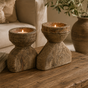 lot de 2 bougeoirs en teck massif artisanal dans ambiance chic nature