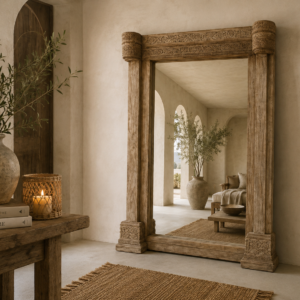miroir en teck ancien sculpté artisanat Inde dans ambiance nature chic