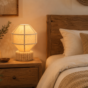 lampe à poser rotin tressé et polyester beige sur table de chevet dans chambre nature chic