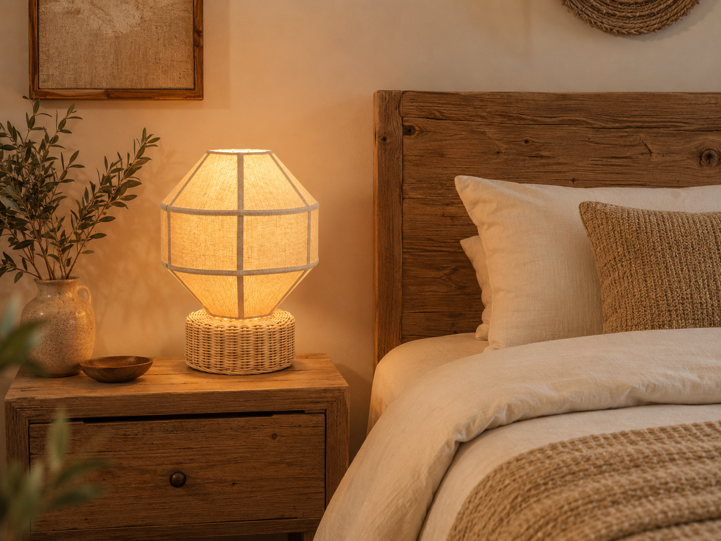 lampe à poser rotin tressé et polyester beige sur table de chevet dans chambre nature chic