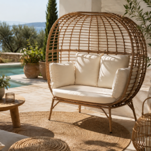 fauteuil cocon 2 places en rotin synthétique sur terrasse méditerranéenne