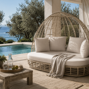 lit chill out extérieur en rotin synthétique avec coussins sur terrasse Méditerranéene