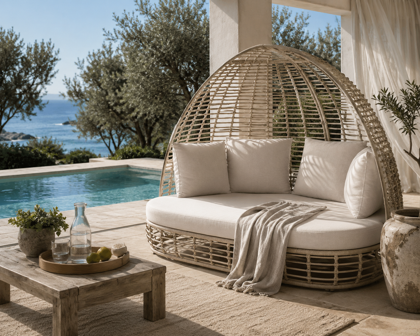 lit chill out extérieur en rotin synthétique avec coussins sur terrasse Méditerranéene