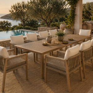 ensemble de repas extérieur table et fauteuils en bord de piscine ambiance méditerranéenne