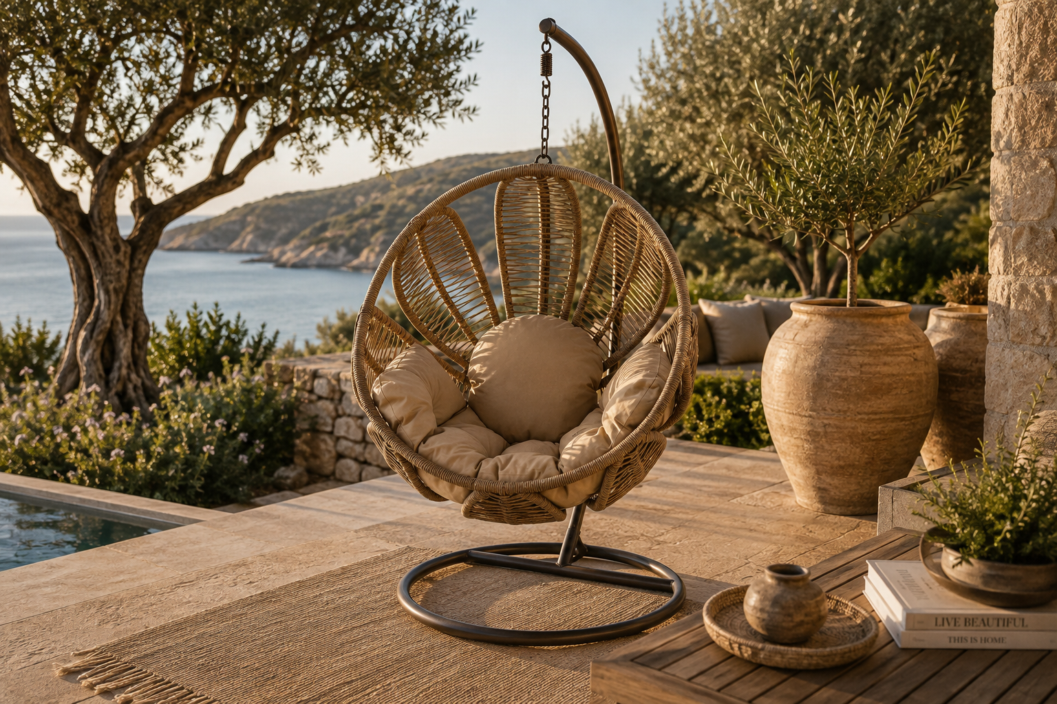 fauteuil suspendu fleur en rotin synthétique sur terrasse en bord de mer