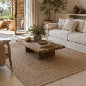 Tapis en laine et jute dans un salon au mobilier et décoration nature chic