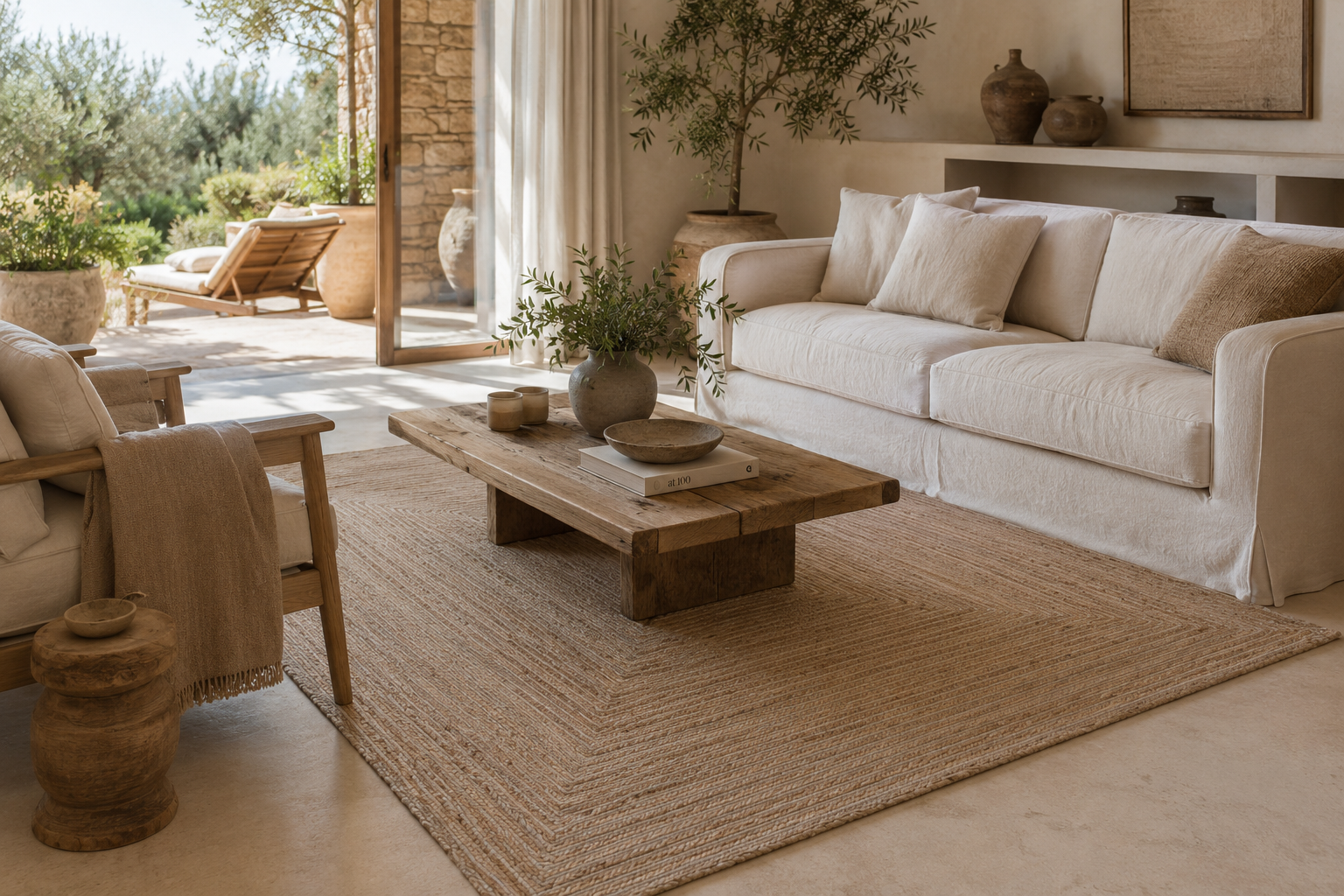 Tapis en laine et jute dans un salon au mobilier et décoration nature chic
