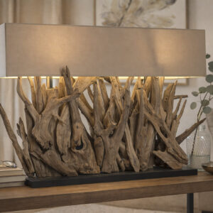 lampe à poser en racine de teck recyclé et abat-jour tissu naturel, pièce unique artisanale, dans ambiance nature chic